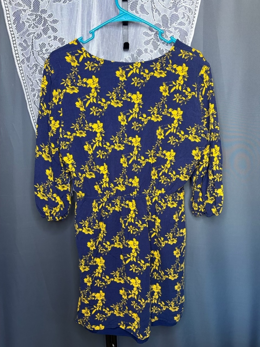 Market & Spruce Navy Yellow Floral Tunic Dress Crochet V-Neck 3/4 Sleeve M Petit